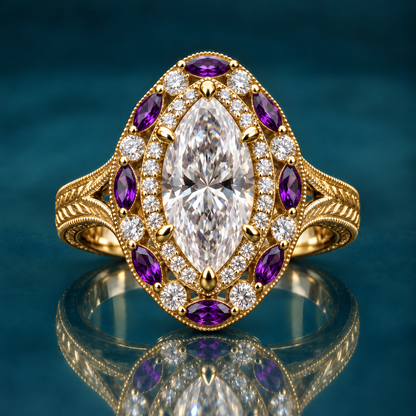 Plum engagement ring in yellow gold with a marquise diamond in a pavé halo and an outer halo of purple marquise stones and round diamonds on an engraved split-shank band