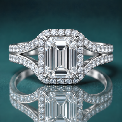 White gold emerald-shaped diamond halo engagement ring with a split shank covered in small round diamonds