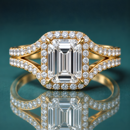 Gold emerald-shaped diamond halo engagement ring with a split shank covered in small round diamonds