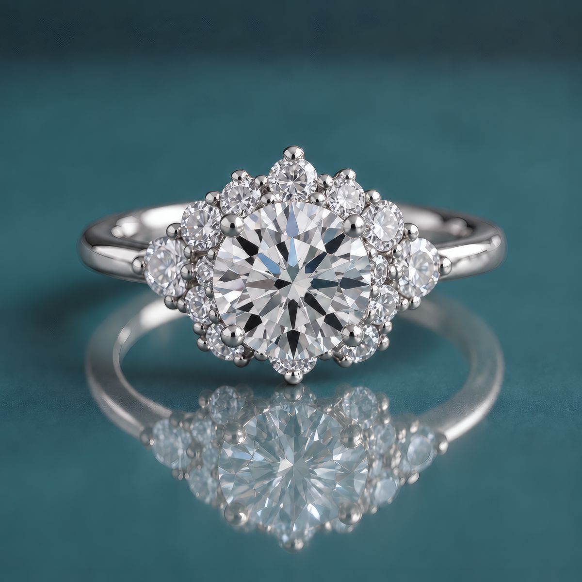 White gold engagement ring with a round center diamond set with four prongs. A symmetrical cluster of diamonds surrounds the central diamond. The shank is narrow and round.