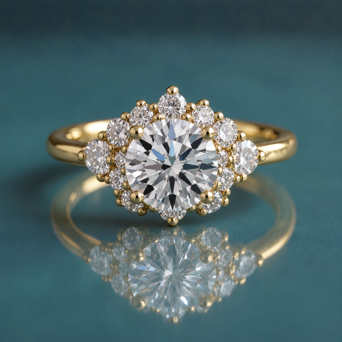 Gold engagement ring with a round center diamond set with four prongs. A symmetrical cluster of diamonds surrounds the central diamond. The shank is narrow and round.