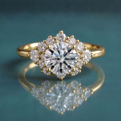 Gold engagement ring with a round center diamond set with four prongs. A symmetrical cluster of diamonds surrounds the central diamond. The shank is narrow and round.