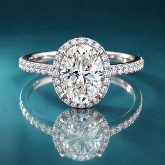 A white gold oval halo engagement ring with a pavé-set band