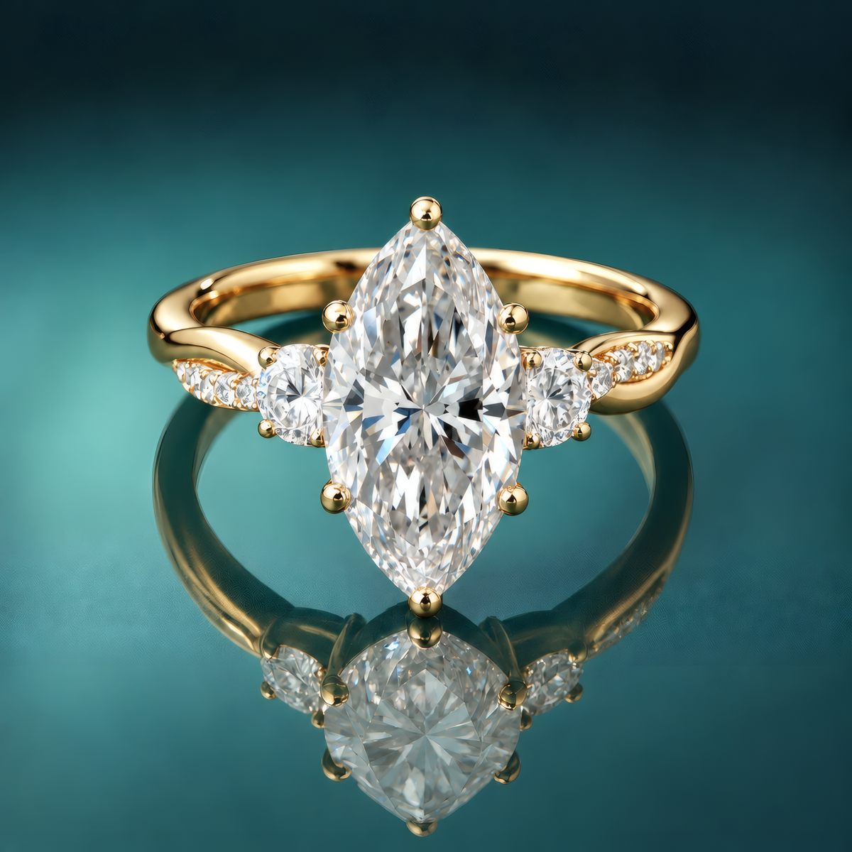 Gold three-stone engagement ring with marquise center diamond and round side diamonds. Twist shank with accent small diamonds.