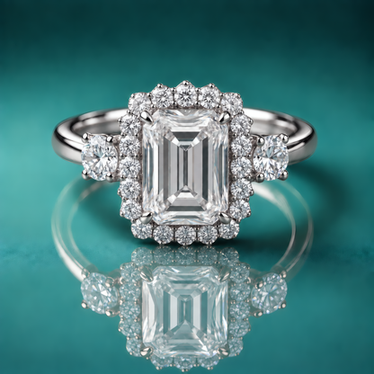 White gold halo three-stone engagement ring with an emerald-shaped center diamond and two large round shaped stones on the sides of the halo.