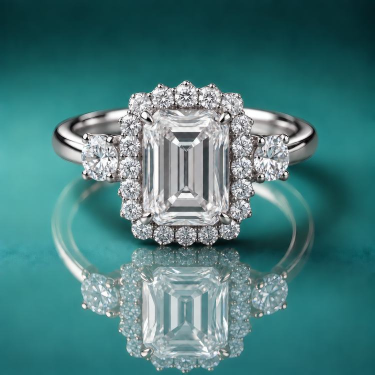 White gold halo three-stone engagement ring with an emerald-shaped center diamond and two large round shaped stones on the sides of the halo.