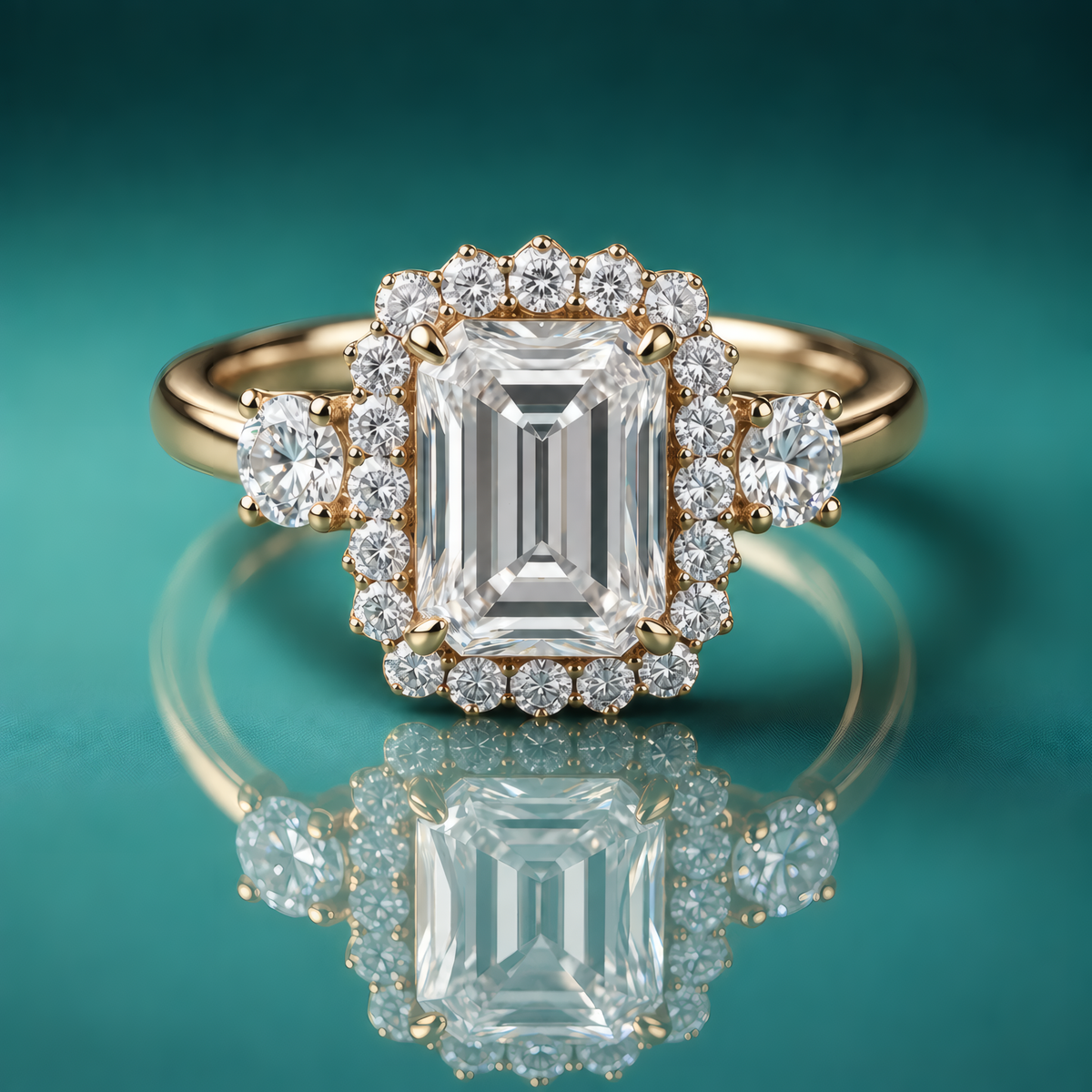 Gold halo three-stone engagement ring with an emerald-shaped center diamond and two large round shaped stones on the sides of the halo.
