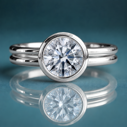 White gold bezel set round diamond solitaire engagement ring with a double round shank.