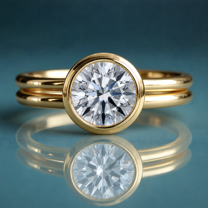 Gold bezel set round diamond solitaire engagement ring with a double round shank.