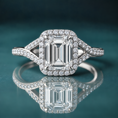 White gold halo engagement ring with an emerald-shaped diamond and unique split shank set with small diamonds