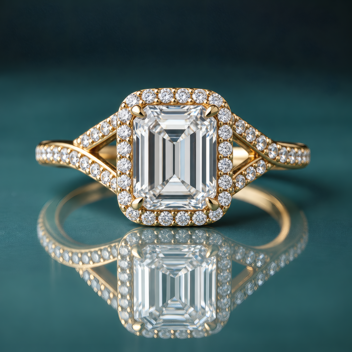 Gold halo engagement ring with an emerald-shaped diamond and unique split shank set with small diamonds