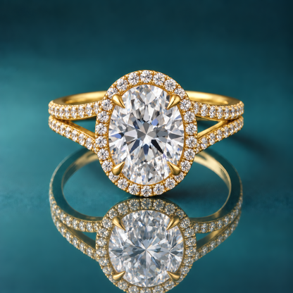 Gold Oval Engagement Ring With Split Shank and Side Diamonds