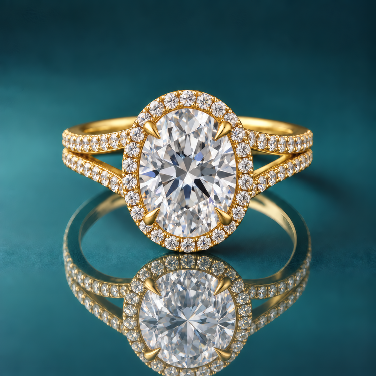 Yellow gold oval halo engagement ring with a split shank and side diamonds