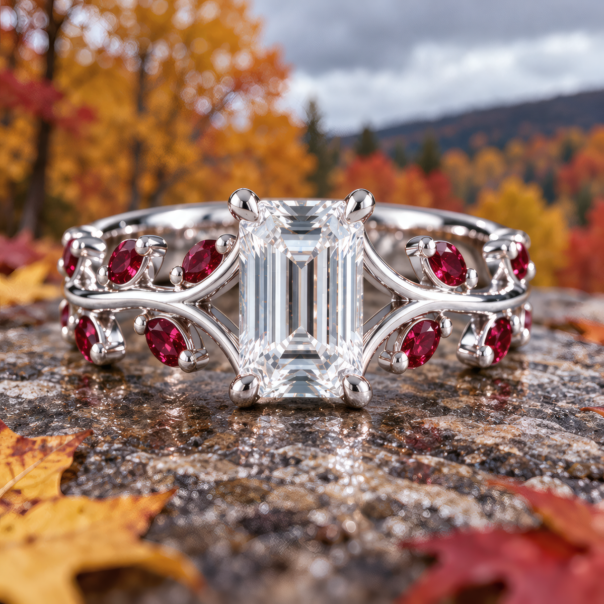 Rosella engagement ring in white gold with an emerald-cut diamond and ruby marquise vine band, resting on a stone among autumn leaves with fall trees and hills behind