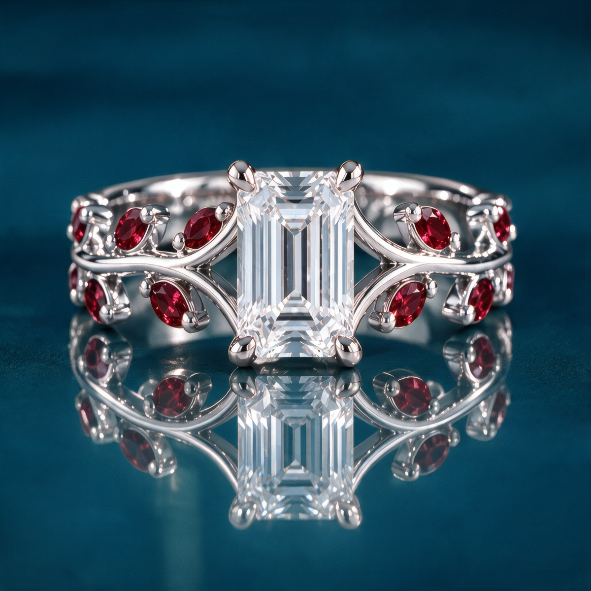 Rosella engagement ring in white gold with an emerald-cut diamond in four claw prongs on an open double vine band set with ruby marquise leaves and round ruby accents