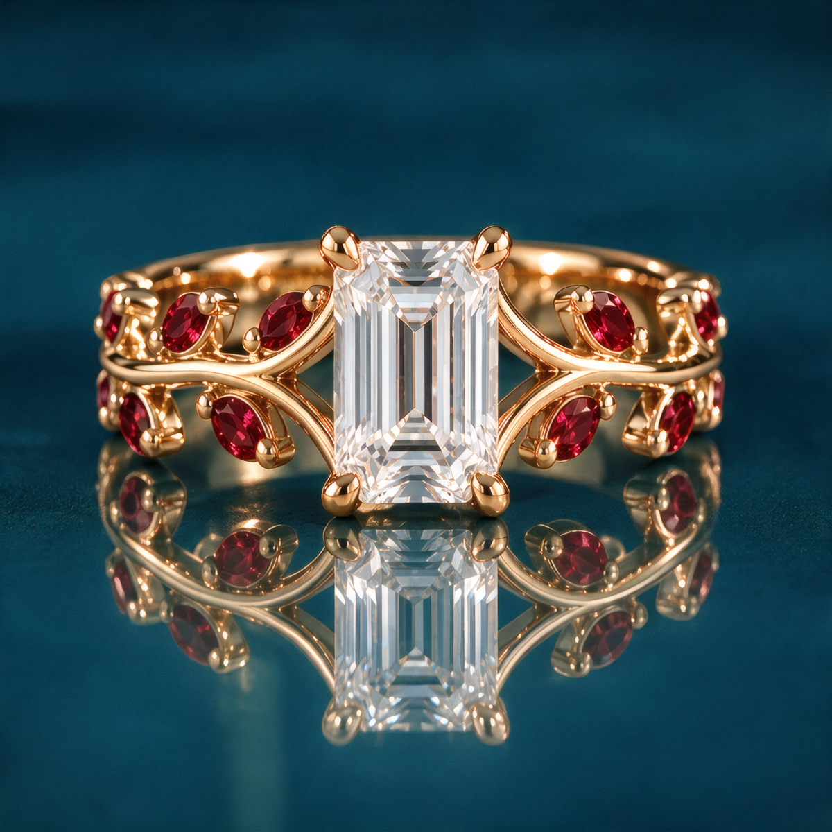 Rosella engagement ring in yellow gold with an emerald-cut diamond in four claw prongs on an open double vine band set with ruby marquise leaves and round ruby accents