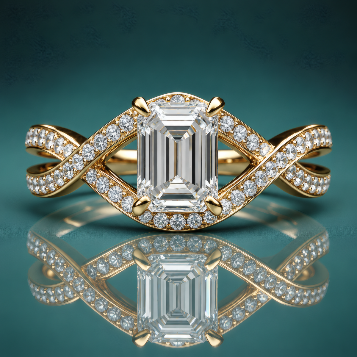 Gold engagement ring with emerald-shaped center stone and a weave-style pave diamond shank.
