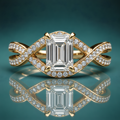 Gold engagement ring with emerald-shaped center stone and a weave-style pave diamond shank.