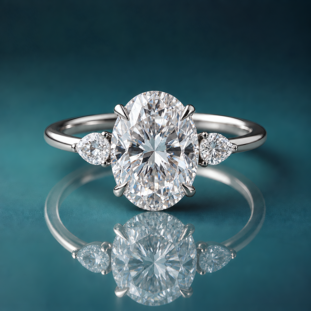 White gold oval three-stone engagement ring with pear-shaped side diamonds