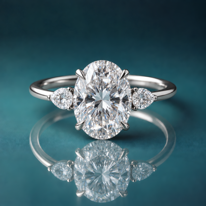White gold oval three-stone engagement ring with pear-shaped side diamonds