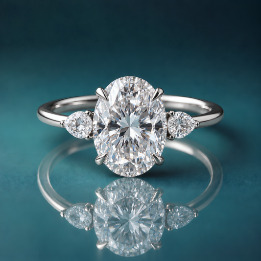 White gold oval three-stone engagement ring with pear-shaped side diamonds