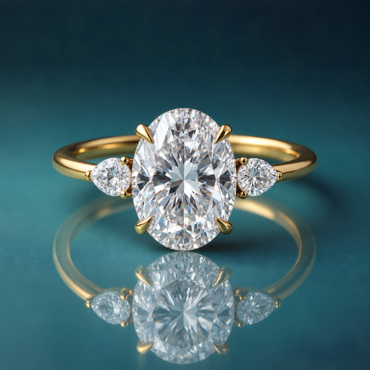 Yellow gold oval three-stone engagement ring with pear-shaped side diamonds
