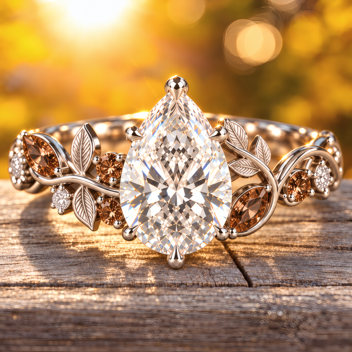 Sorrel engagement ring in white gold with pear-shaped diamond and a leaf band with cognac diamonds