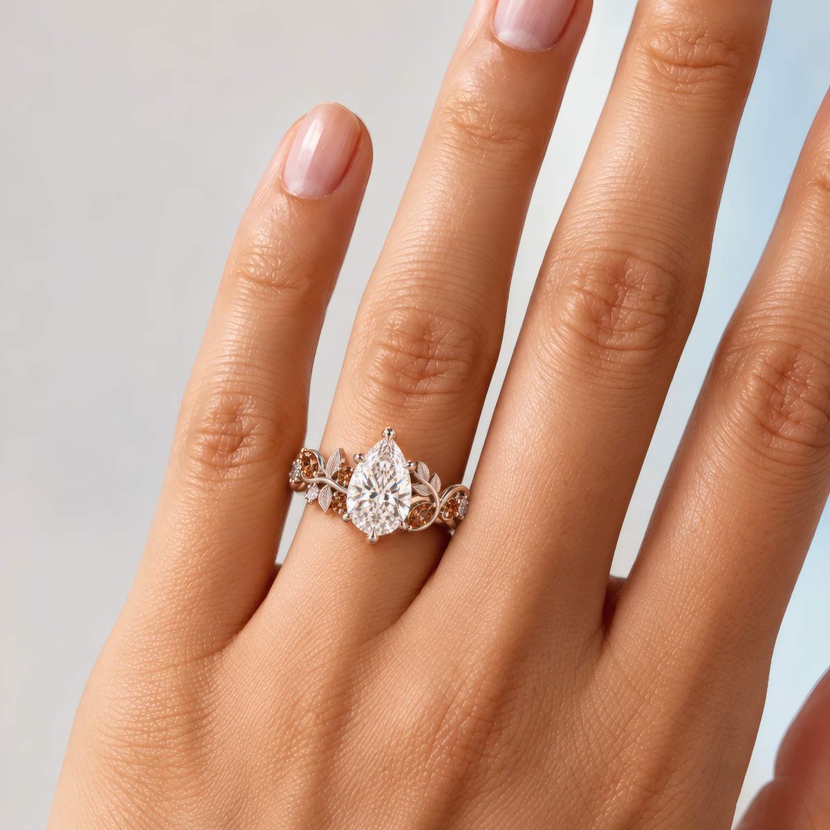 Women's left hand wearing an engagement ring with a pear-shaped diamond within a sculpted band of white gold leaves and warm cognac diamonds that curl around the finger like an autumn branch.
