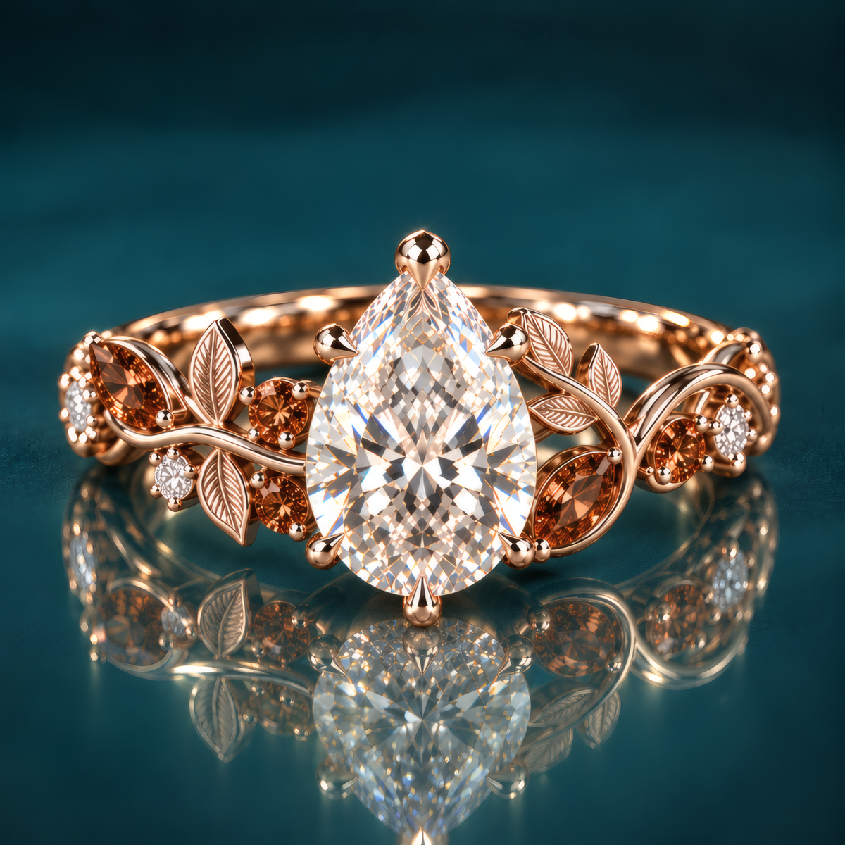 Sorrel sets a graceful pear-shaped diamond within a sculpted band of gold leaves and warm cognac diamonds that curl around the finger like an autumn branch.