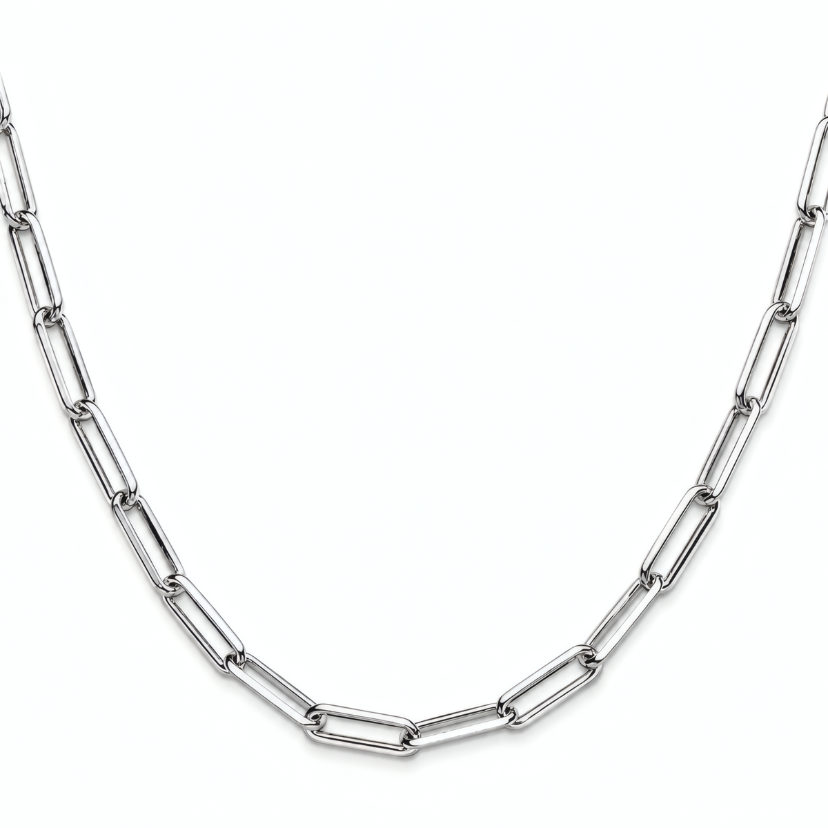 Bold 18" 4.4mm sterling silver diamond-cut paperclip chain on a white background.