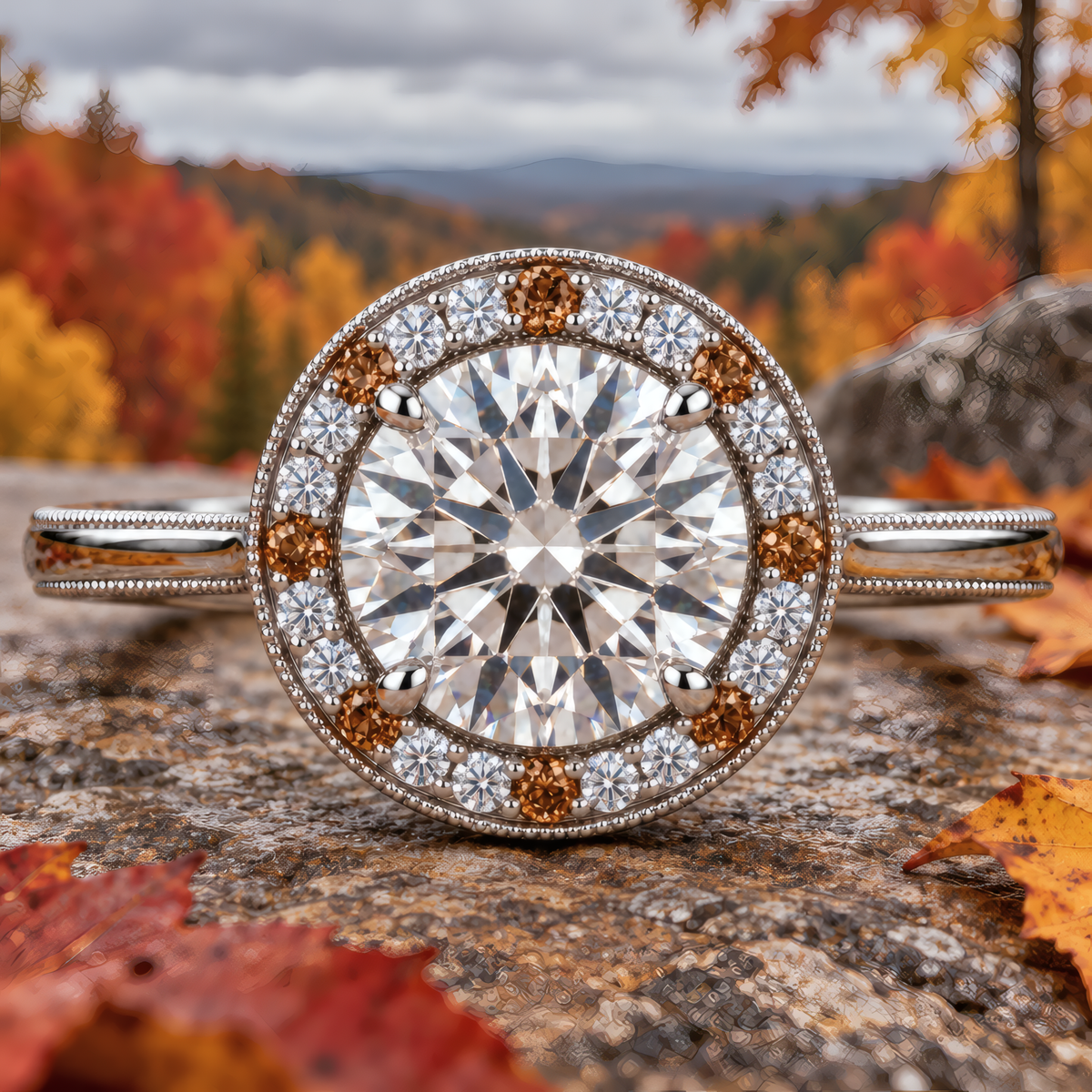 Tinga engagement ring in white gold with a round brilliant diamond and cognac-accented halo, resting on a stone among autumn leaves