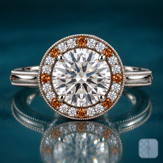 Tinga engagement ring in white gold with a round brilliant diamond in a milgrain halo of white diamonds and cognac accents on a vintage-inspired band
