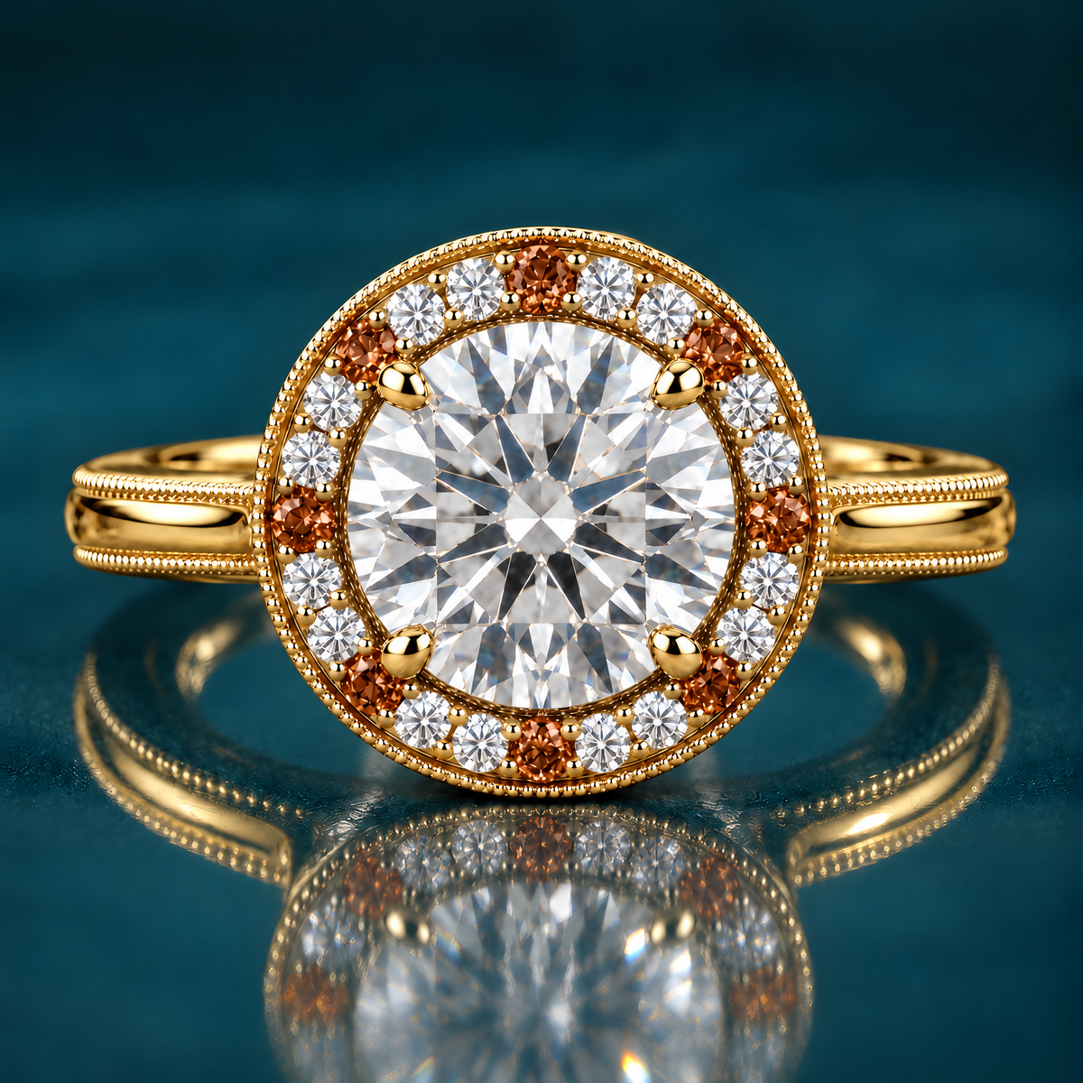 Tinga engagement ring in yellow gold with a round brilliant diamond in a milgrain halo of white diamonds and cognac accents on a vintage-inspired band