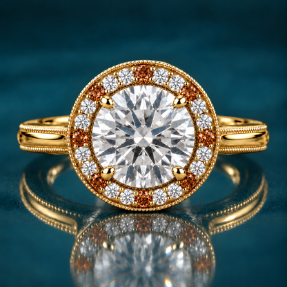 Tinga engagement ring in yellow gold with a round brilliant diamond in a milgrain halo of white diamonds and cognac accents on a vintage-inspired band