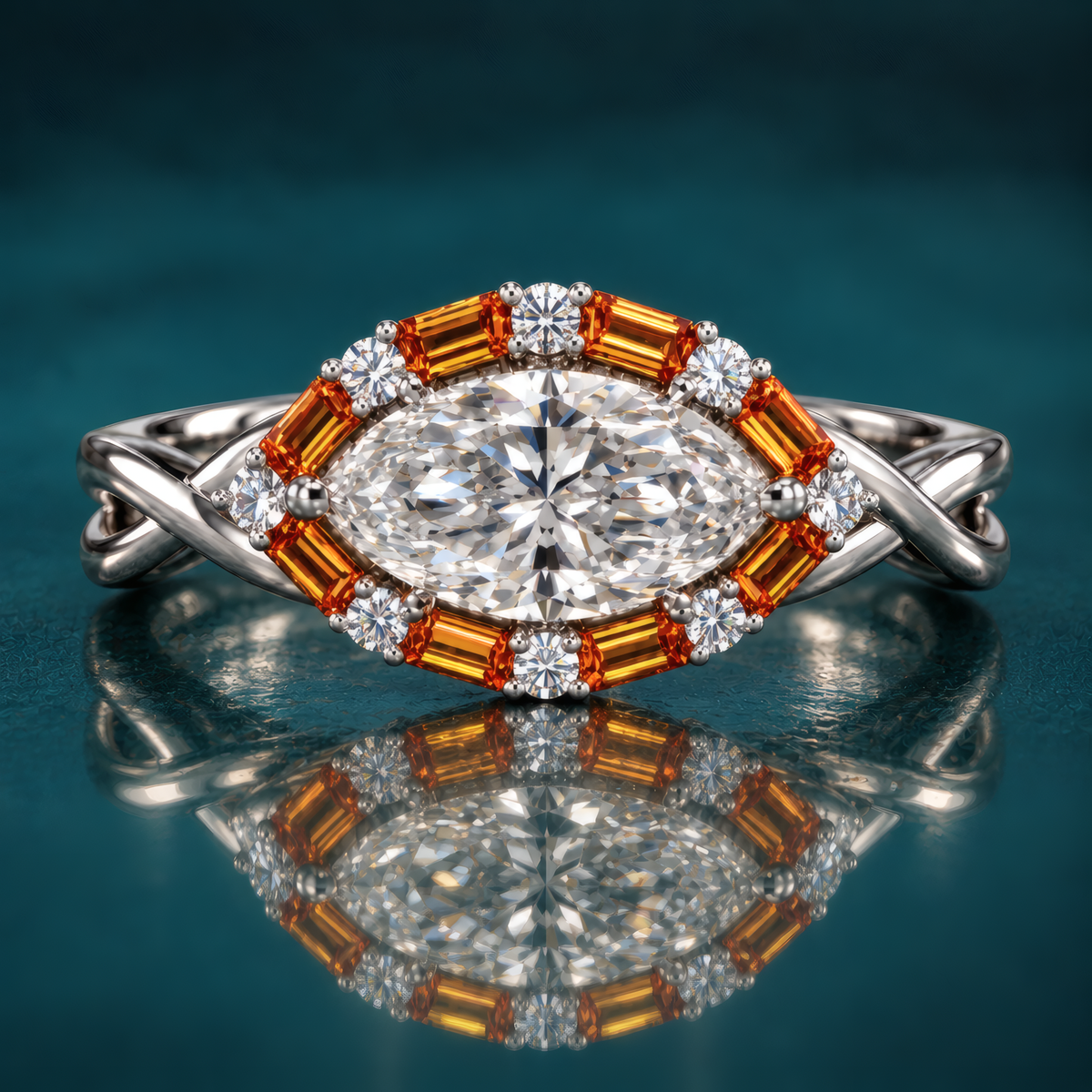 Vasa engagement ring in white gold with an east-west marquise diamond in a halo of amber baguettes and round diamonds on a twisted band