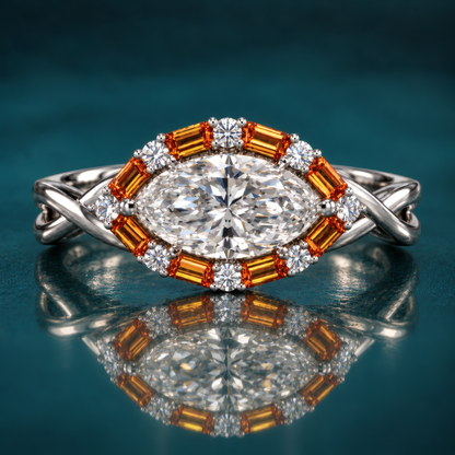 Vasa engagement ring in white gold with an east-west marquise diamond in a halo of amber baguettes and round diamonds on a twisted band