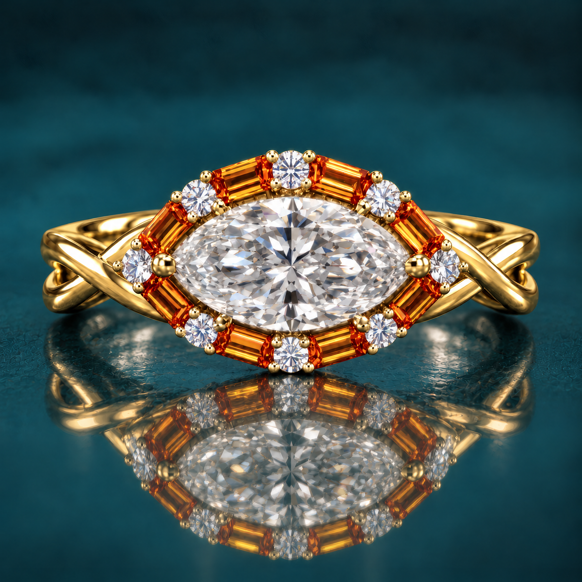 Vasa engagement ring in yellow gold with an east-west marquise diamond in a halo of amber baguettes and round diamonds on a twisted band
