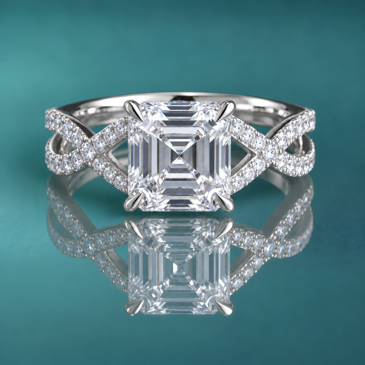 White gold split-shank weave engagement ring with accent diamonds set into the woven split shank.