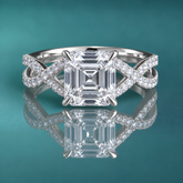 White gold split-shank weave engagement ring with accent diamonds set into the woven split shank.