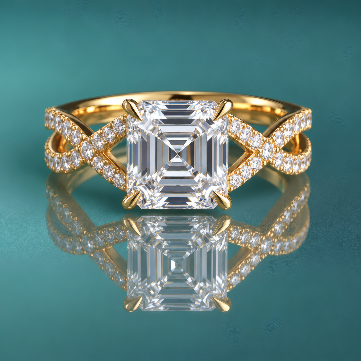Gold split-shank weave engagement ring with accent diamonds set into the woven split shank.