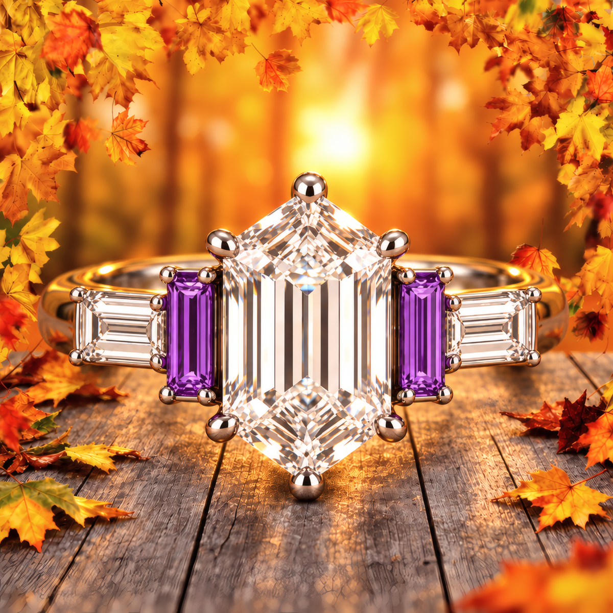 Velia engagement ring with elongated hexagon diamond, purple baguettes and diamond baguettes
