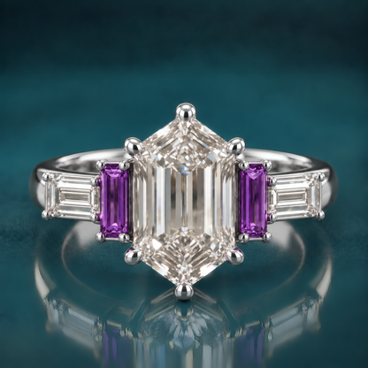White gold engagement ring with a hexagon diamond flanked by rich purple baguettes and bright diamond baguettes, a bold geometric design with a jewel-toned twist.