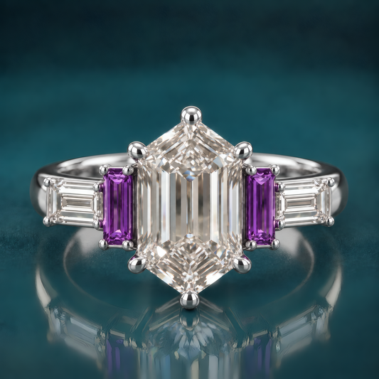 White gold engagement ring with a hexagon diamond flanked by rich purple baguettes and bright diamond baguettes, a bold geometric design with a jewel-toned twist.