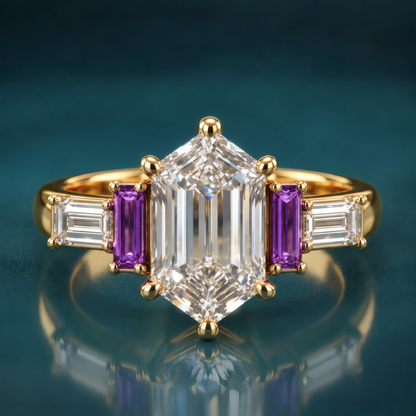 Gold engagement ring with a hexagon diamond flanked by rich purple baguettes and bright diamond baguettes, a bold geometric design with a jewel-toned twist.