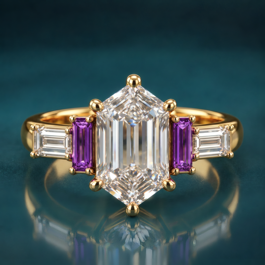 Gold engagement ring with a hexagon diamond flanked by rich purple baguettes and bright diamond baguettes, a bold geometric design with a jewel-toned twist.