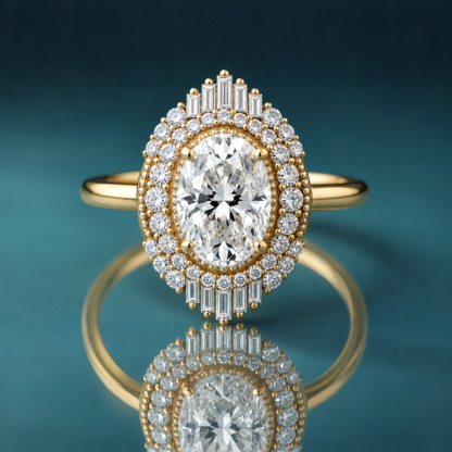 Unique gold double halo engagement ring with an oval-shaped diamond in the center. Milgrain surrounds the center diamond, then a row of small tapering round diamonds, then another layer of round and baguette-shaped diamonds on the top and bottom of the inner halo. The shank is narrow and shiny.