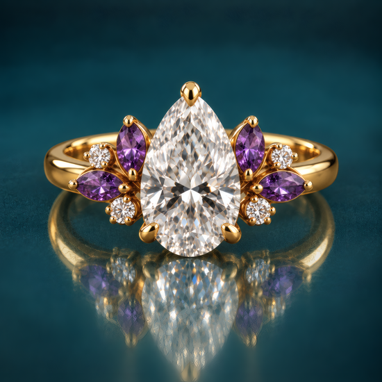Viola engagement ring in yellow gold featuring a pear-shaped diamond among clusters of purple marquise stones and round diamonds