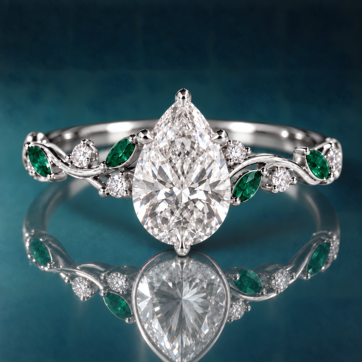 White gold engagement ring with pear-shaped diamond at its center, cradled by a delicate vine-like shank. Vibrant green emeralds and sparkling round diamonds punctuate the flowing shank.