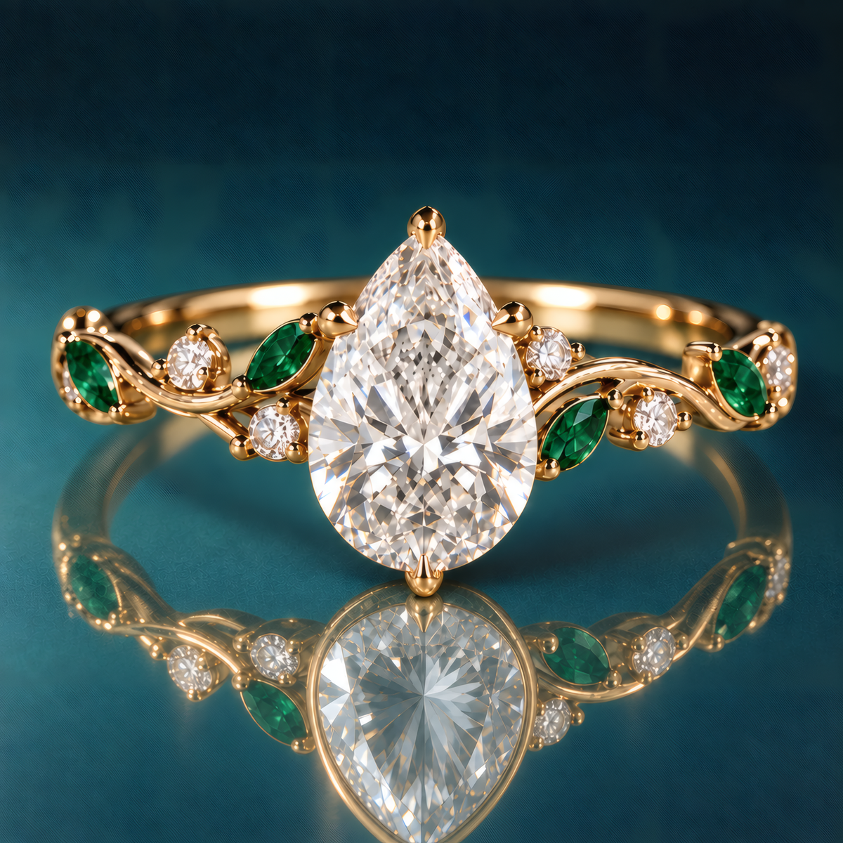 Gold engagement ring with pear-shaped diamond at its center, cradled by a delicate vine-like shank. Vibrant green emeralds and sparkling round diamonds punctuate the flowing shank.